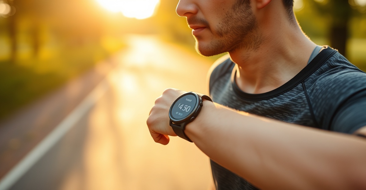 Athlète vérifiant le moniteur de fréquence cardiaque pendant l'entraînement