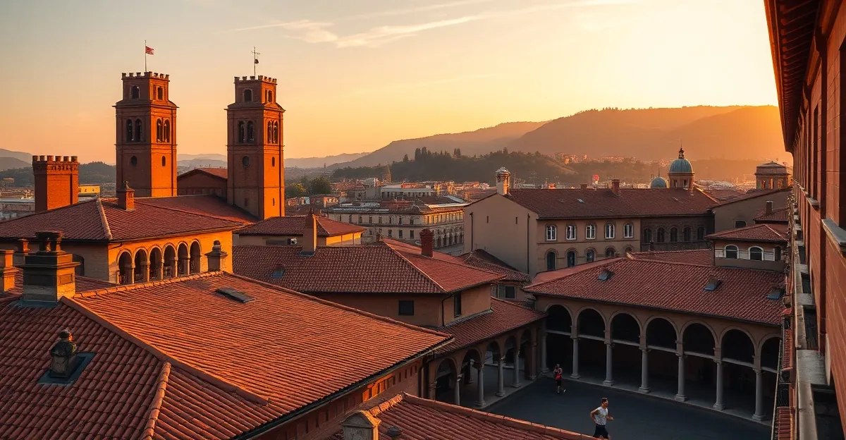 Veduta di Bologna con i portici e le torri, sfondo per l'allenamento HYROX