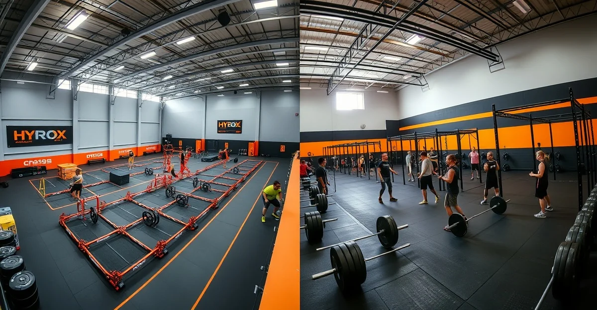 HYROX-Wettkampfarena mit orangefarbenem Branding im Vergleich zu einem CrossFit-Box-Training