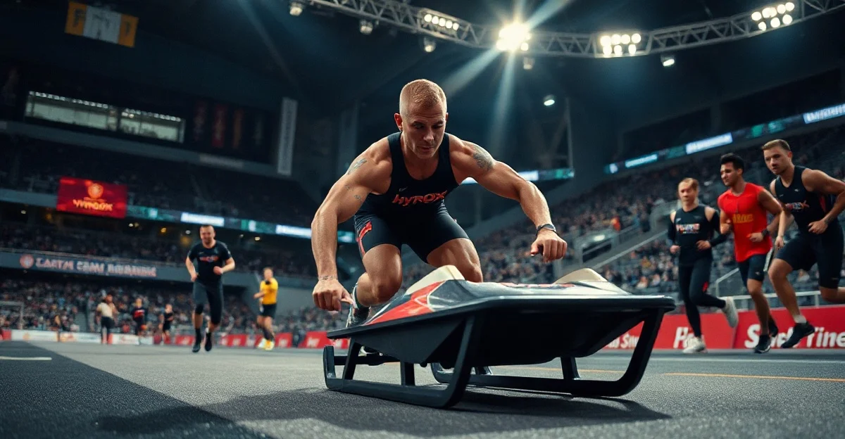 HYROX race arena with athletes competing