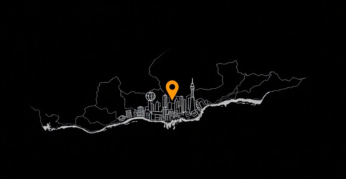Schéma de type carte illustrant la répartition géographique des praticiens, avec Los Angeles comme point d&#x27;ancrage — fond noir, avec un seul élément orange lumineux.