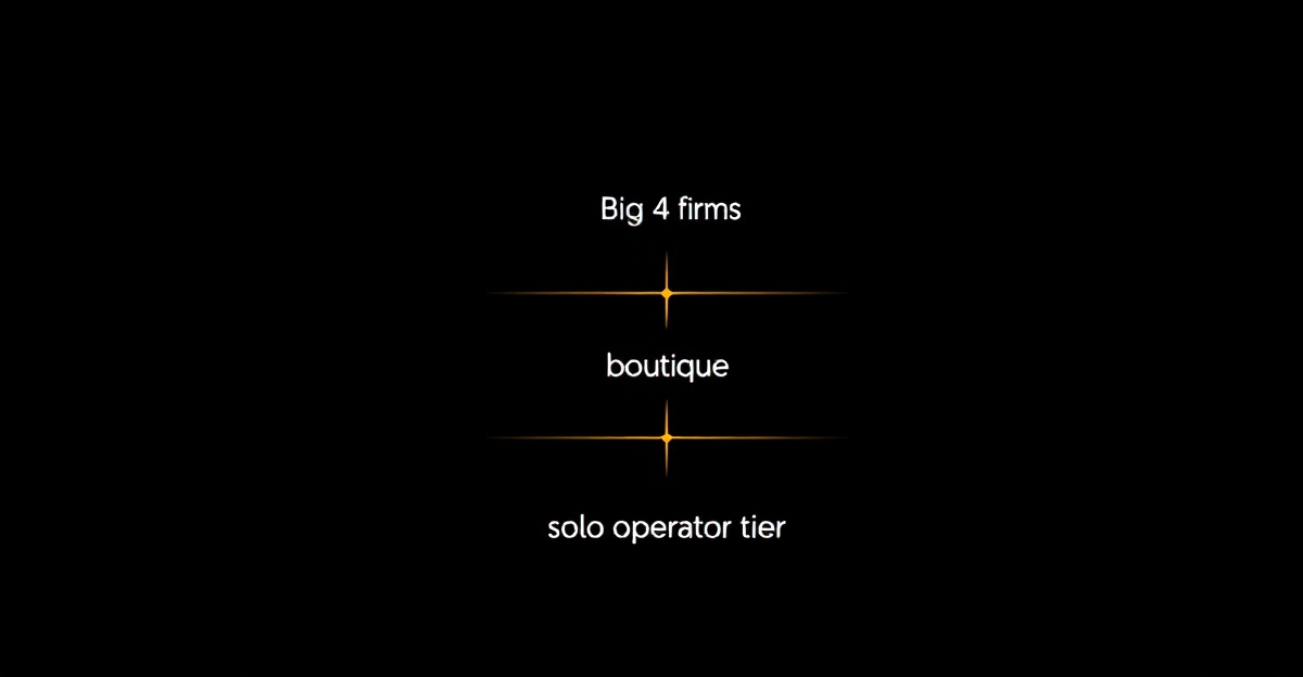 Comparaison schématique des différents niveaux de cabinets de conseil AI — Big 4, boutiques, indépendants — sur fond noir rehaussé d&#x27;une touche orange vif.