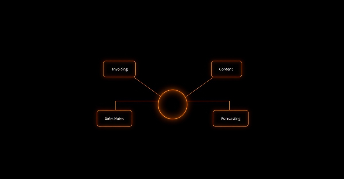 Schéma architectural de l&#x27;environnement de travail d&#x27;une petite entreprise (AI) — facturation, triage des demandes d&#x27;assistance, rédaction de contenu — toile noire rehaussée d&#x27;une seule touche orange lumineuse.