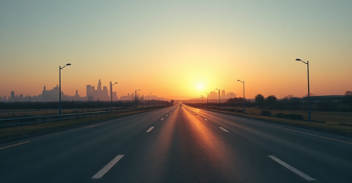 An open marathon road at dawn curving toward a distant city skyline